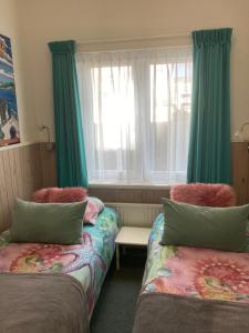 西泰尔斯海灵Riposo的客房设有两张床和一个带绿色窗帘的窗户。
