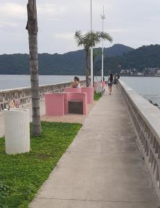 圣维森特岛Apartamento pé na areia Praia do Gonzaguinha.的一条木板路,上面有粉红色的长椅,还有人沿着水边散步