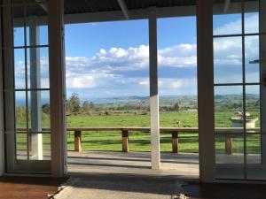 凯库拉Kereru Cottage的客房透过窗户可欣赏到田野景色。