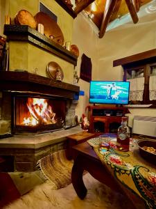 VláchaΠαραδοσιακή πέτρινη κατοικία στην Βλάχα Ελάτης的客厅设有壁炉和电视。
