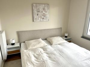 什未林ENDLESS: Zentrumsnah, 5min zum See + Stellplatz的卧室内的一张带两个枕头的白色床