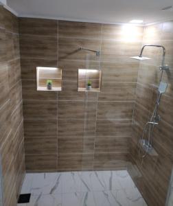 尼什Zamak的带淋浴的浴室和木墙