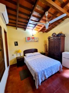 亚松森Mi lugar Vintage Hostal - calor de hogar!的一间卧室设有一张床和木制天花板