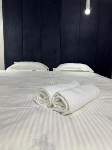奇姆肯特мини-отель Villa Sofia город Шымкент, проспект Тауке хана, жилой дом 37-2 этаж的两条毛巾放在一张白色的床上