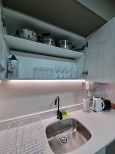 特木科Apartamentos Bauerle Curitiba的厨房柜台设有水槽和一些锅碗瓢盆