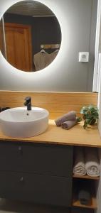 雷克霍特Cottage with Glass Bubble and Hot tub的浴室设有白色水槽和镜子