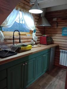圣马丁德洛斯Mini Casa en el Sur的厨房配有绿色橱柜、水槽和窗户