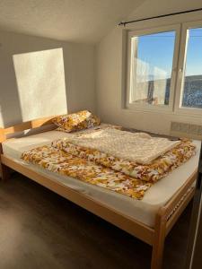 泰托沃Winterheim Sonnenberg的窗户客房内的一张大床