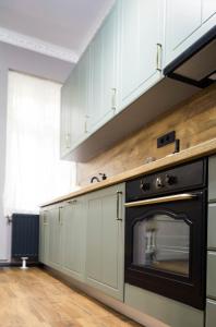 蒂米什瓦拉Grey Symphony的厨房配有白色橱柜和烤箱。
