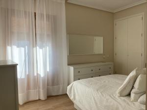 阿尔玛格鲁Ciudad del Encaje 3的一间卧室配有一张床和一个带镜子的梳妆台