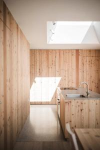 新黎凡特Karerhof的厨房设有水槽和木墙
