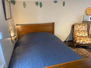 Villeneuve-sur-YonneLes Sainfoins, Idéal voyageurs Pro的一间卧室配有蓝色的床和椅子