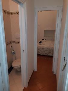 阿马尔菲ApartHotel Antica Repubblica in Amalfi center at 100mt from the sea with payment parking的一间带卫生间的浴室和一张位于客房内的床。