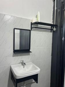 瓜拉丁加奴Rimbun Bayu Homestay的一间带水槽和镜子的浴室