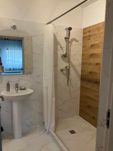 CăciulataCasa BABI的白色的浴室设有水槽和淋浴。