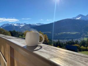 塞费尔德附近赖特梅勒霍夫酒店的咖啡杯坐在木栏杆上,享有美景
