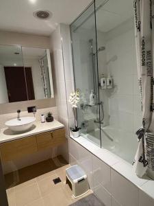 达尔文Luxury Waterfront Apartment (2 bedrooms)的白色的浴室设有水槽和淋浴。