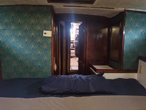 路易港Voilier-péniche guinguette的一间卧室配有一张床、镜子和门