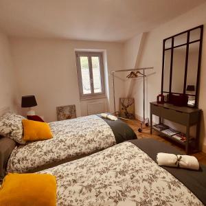 CierpAMPLE Conciergerie的一间卧室配有两张床、一个梳妆台和镜子