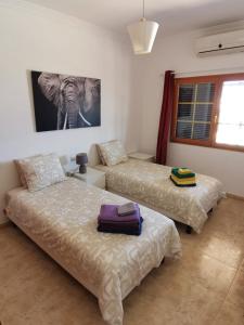 蒂亚斯Villa Juanita, Puerto del Carmen, Lanzarote的一间卧室配有两张床,一张大象的照片