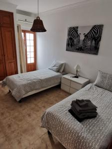 蒂亚斯Villa Juanita, Puerto del Carmen, Lanzarote的卧室内的两张床,墙上有两斑马