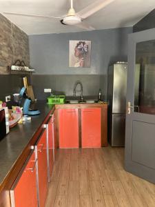 萨利波图尔Villa Aquarêve的厨房配有橙色橱柜和不锈钢冰箱