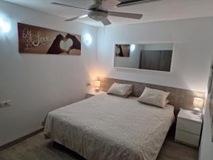 卡门港Bungalow Primavera的一间卧室配有一张床和吊扇