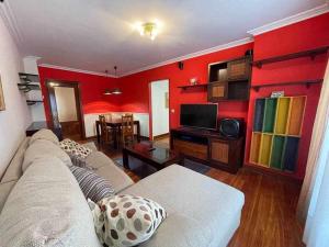 贝梅奥Erribera Etxea Amplio piso con parking的客厅设有红色的墙壁和沙发