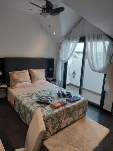 丰沙尔Casa Pico Musica的一间卧室配有一张床和吊扇