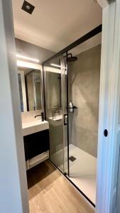 马拉加Belle Vue Malaga Suite的一间带玻璃淋浴和水槽的浴室