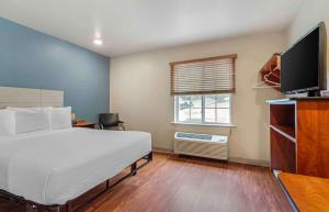 亚特兰大Extended Stay America Select Suites - Atlanta - Chamblee的一间卧室配有一张床、一台电视和一个窗口