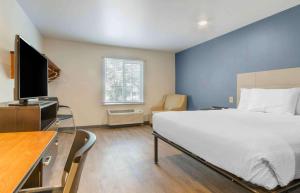 查尔斯顿Extended Stay America Select Suites - Charleston - North Charleston - I-526的一间卧室配有一张床和一张书桌及电视