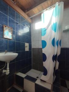 曼克拉Wiracocha Hostal Máncora - Surf Camp的浴室配有淋浴帘和盥洗盆。