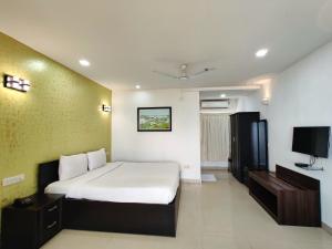 达曼Golden Chariot Hotel Daman的一间卧室配有一张床和一台平面电视