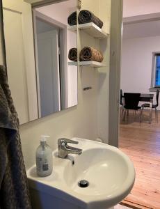 兰讷斯Dejlig 2 værelses lejlighed的浴室设有白色水槽和镜子