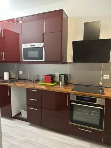 奥托佩尼Airport Confort House的厨房配有紫色橱柜和带炉灶的台面