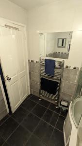 贝尔法斯特Belfast Waterworks Townhouse的浴室设有卫生间和蓝色椅子。