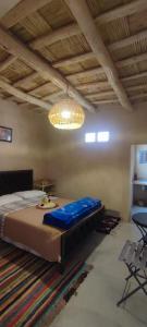 凯拉Maroc des Merveilles - Chez L'habitant的一间卧室配有一张大床和一个吊灯。