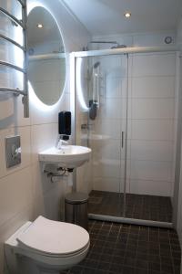 HärrydaLandvetter Hotell的带淋浴、卫生间和盥洗盆的浴室