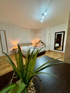 博洛尼亚CASAVACANZETOFFEE的一间卧室配有一张床和盆栽植物
