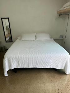 圣地亚哥Tropical Oasis On The Water Crown Point的一张位于带白色床罩的房间的床铺