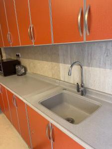 哈萨جناح فاخر的厨房柜台设有水槽和橙色橱柜。