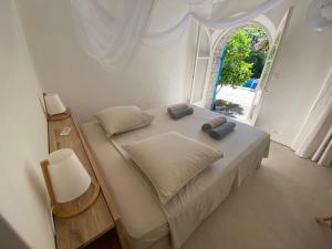 拉西约塔Le Patio aux Oiseaux的一间卧室设有一张大床和大窗户