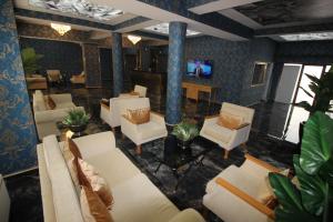 乔尔卢Safir Hotels Çorlu的大堂配有沙发、椅子和电视。