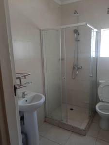 KitweGOLDLAND APARTMENTS的带淋浴、卫生间和盥洗盆的浴室
