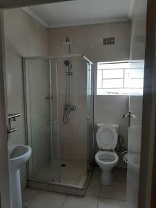 KitweGOLDLAND APARTMENTS的带淋浴、卫生间和盥洗盆的浴室