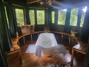圣何塞Cozy cabin with fireplace的一间带浴缸的浴室,位于带窗户的客房内