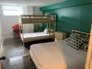 科蒂库克Chalet de Mimi的一间卧室设有两张双层床和绿色的墙壁