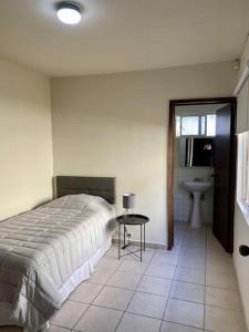 埃莫西约Casa Tehuantepec, 5hab 4.5baños的一间卧室配有一张床、一张桌子和一个水槽