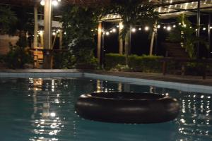 峰牙Jungle Boss Travel Lodge的游泳池,晚上在水中装有黑色轮胎